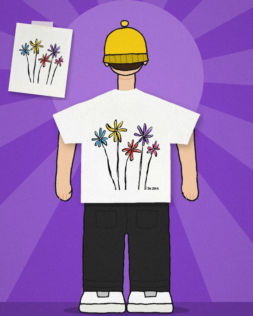 Ilustração: pessoa de costas vestindo a camiseta Deuteronômio off-white
