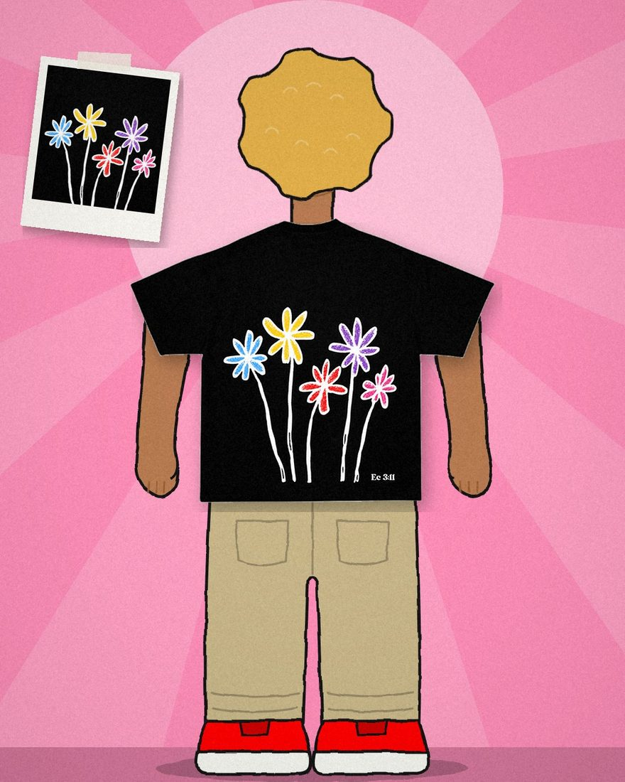 Ilustração: pessoa de costas vestindo a camiseta Deuteronômio preta