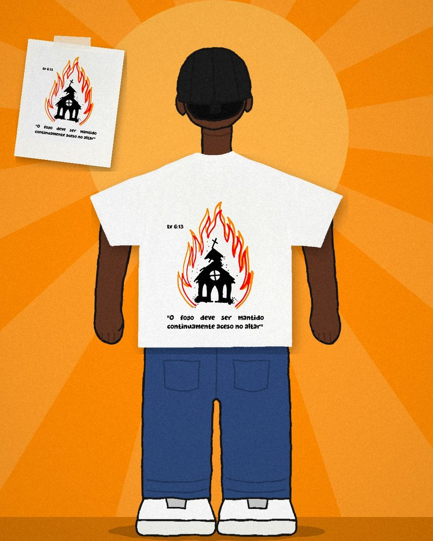 Ilustração: pessoa de costas vestindo a camiseta Levítico off-white