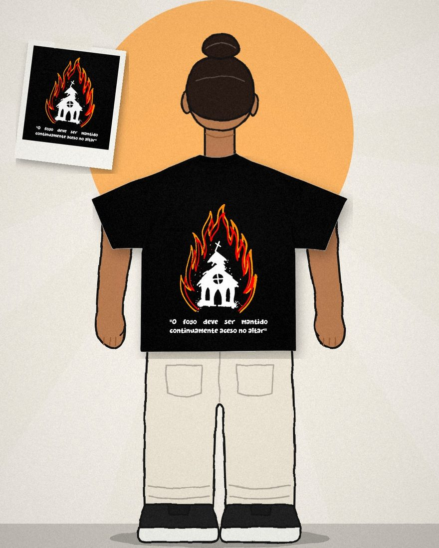 Ilustração: pessoa de costas vestindo a camiseta Levítico preta
