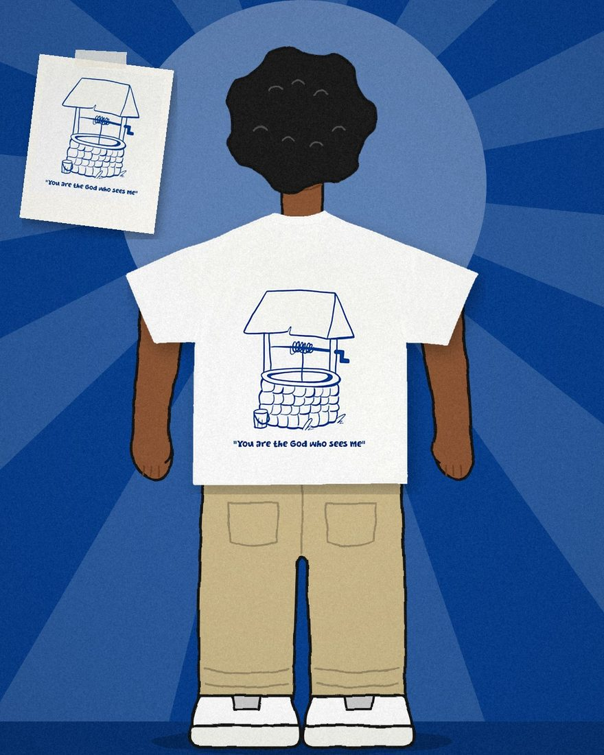 Ilustração: pessoa de costas vestindo a camiseta Gênesis off-white