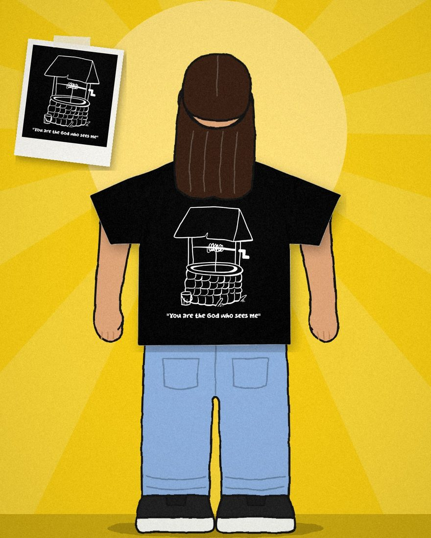 Ilustração: pessoa de costas vestindo a camiseta Gênesis preta