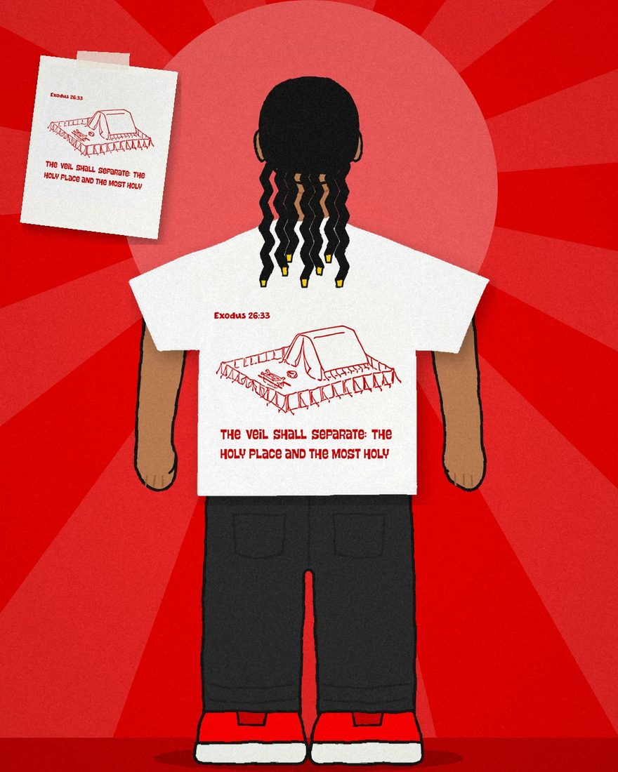 Ilustração: pessoa de costas vestindo a camiseta Êxodo off-white