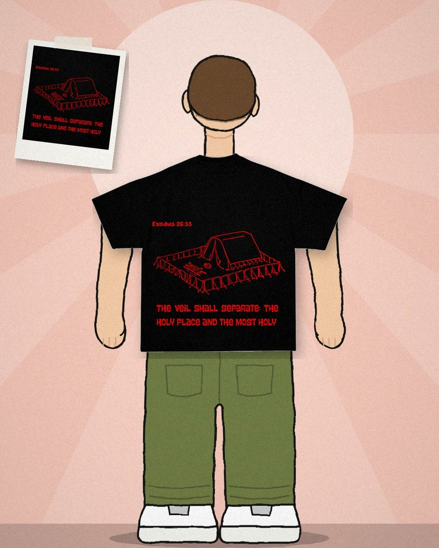 Ilustração: pessoa de costas vestindo a camiseta Êxodo preta